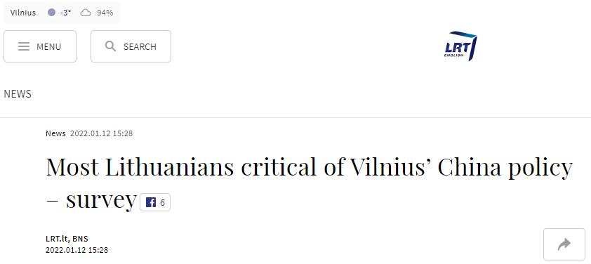 立陶宛政府民調：近2/3受訪民眾不支持該國當前對華政策